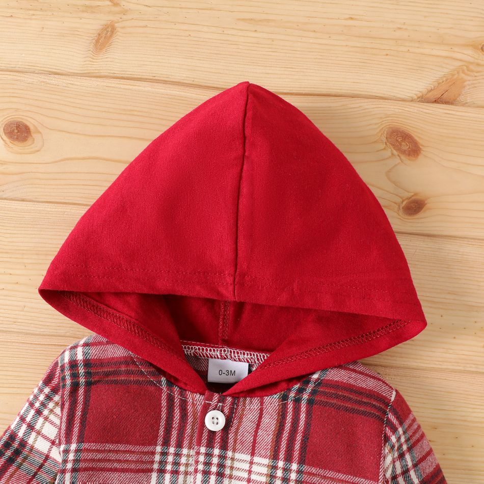 100% Cotton Baby Boy/Girl Bear Decor Hooded Long-sleeve Button Front Plaid Romper Red big image 3