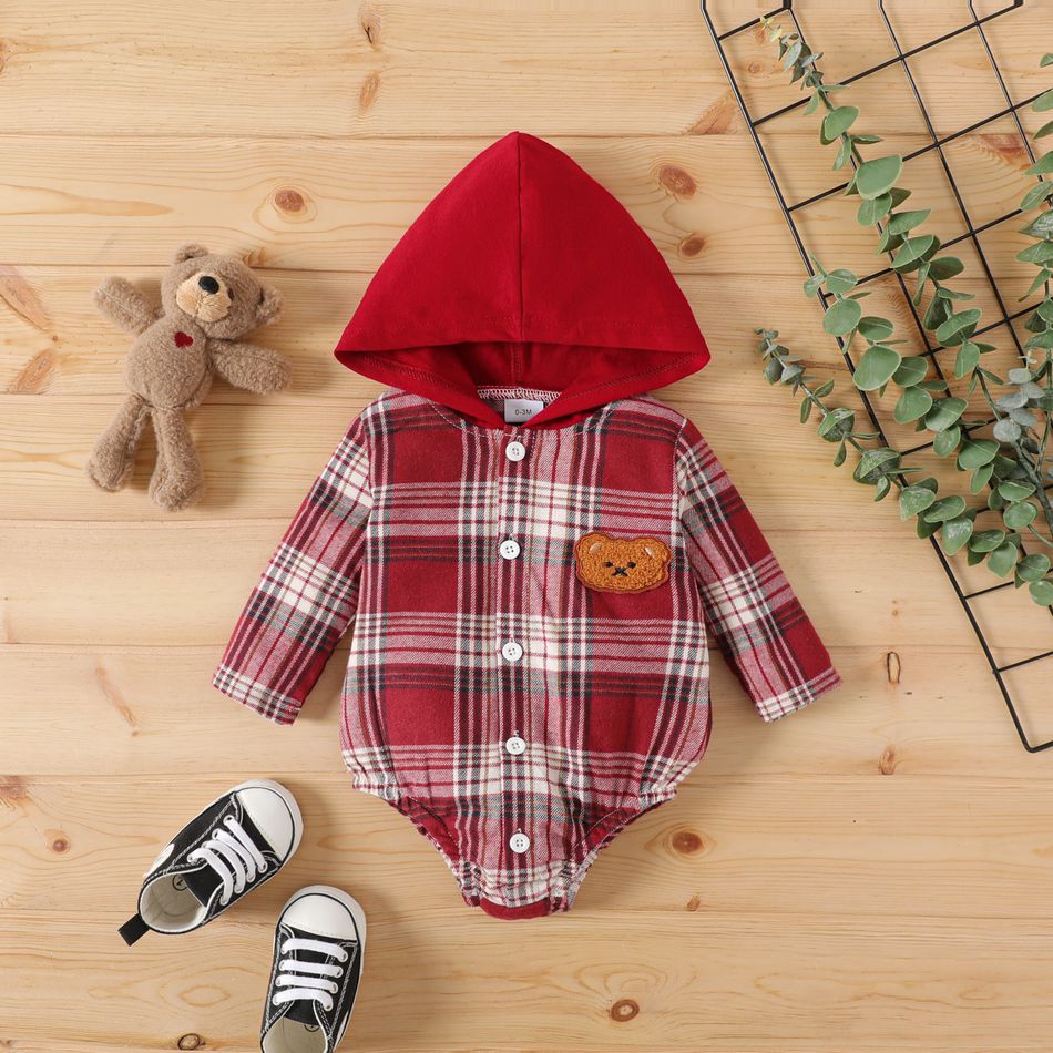 100% Cotton Baby Boy/Girl Bear Decor Hooded Long-sleeve Button Front Plaid Romper Red big image 2
