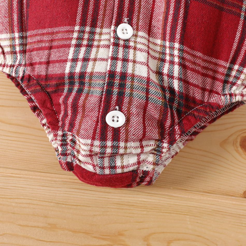 100% Cotton Baby Boy/Girl Bear Decor Hooded Long-sleeve Button Front Plaid Romper Red big image 5