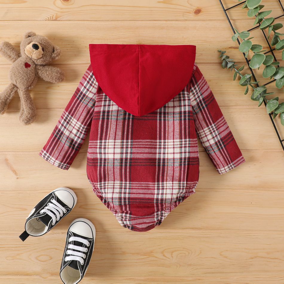 100% Cotton Baby Boy/Girl Bear Decor Hooded Long-sleeve Button Front Plaid Romper Red big image 6