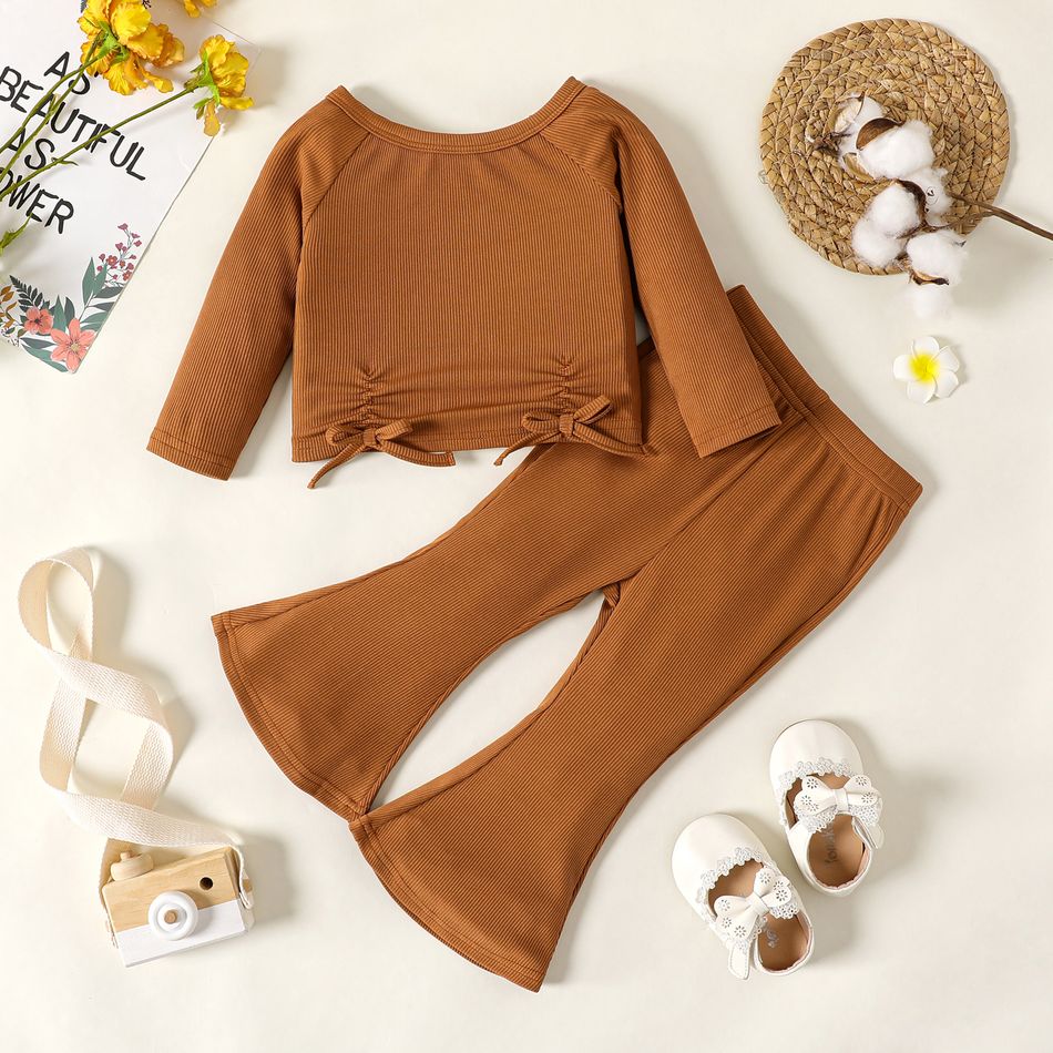 2pcs Baby Girl Solid Rib Knit Bow Front Off Shoulder Long-sleeve Top and Flared Pants Set YellowBrown