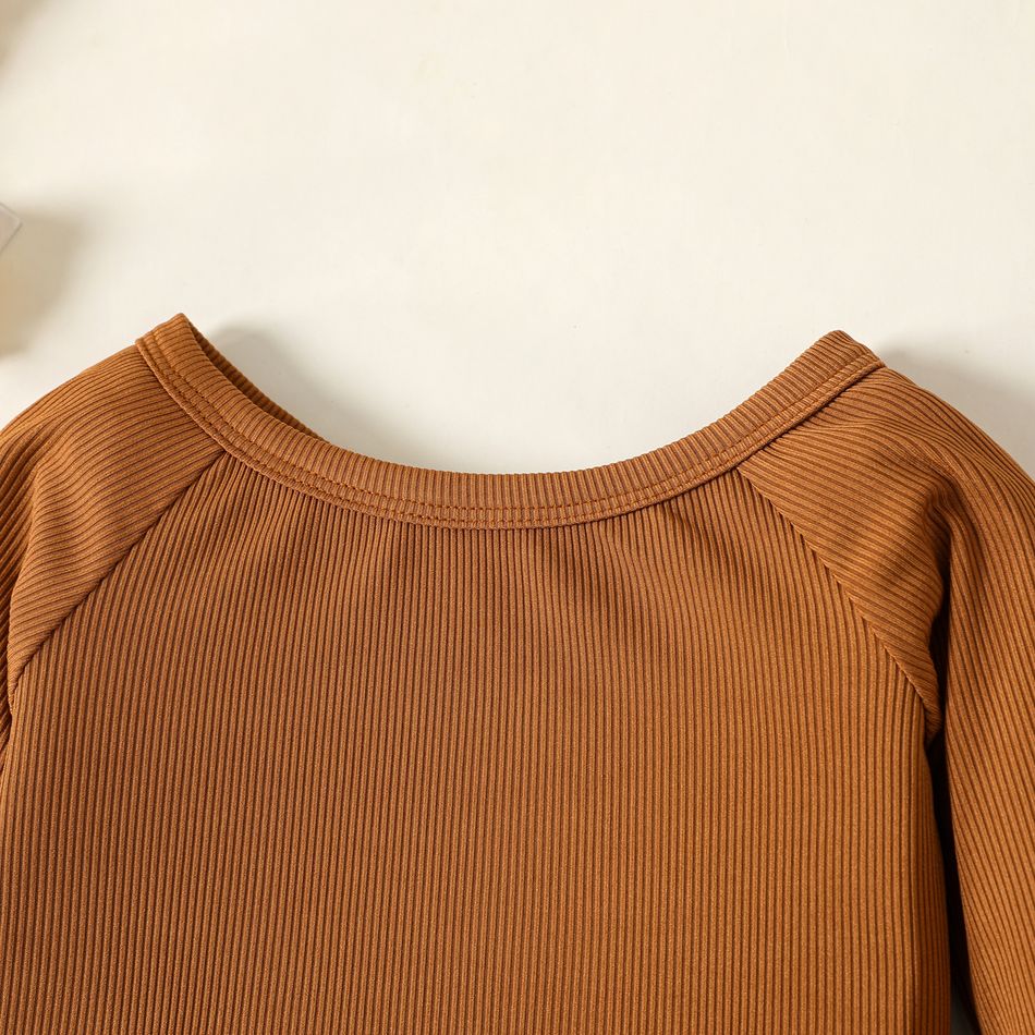 2pcs Baby Girl Solid Rib Knit Bow Front Off Shoulder Long-sleeve Top and Flared Pants Set YellowBrown big image 3