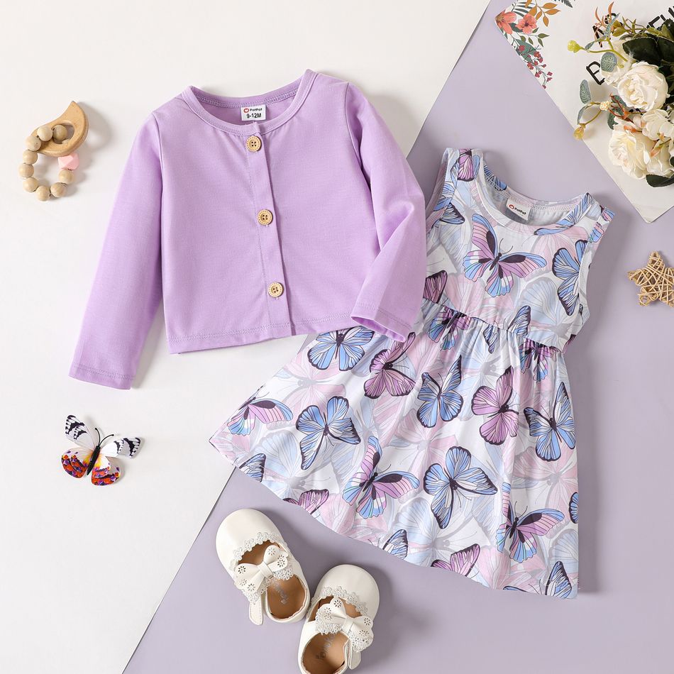 2pcs Baby Girl Allover Butterfly Print Tank Dress and Long-sleeve Button Front Cardigan Set Purple big image 1