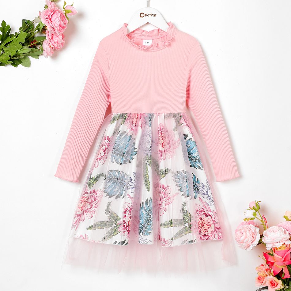 Kid Girl Floral Print Splice Ruffle Collar Mesh Design Long-sleeve Dress Pink