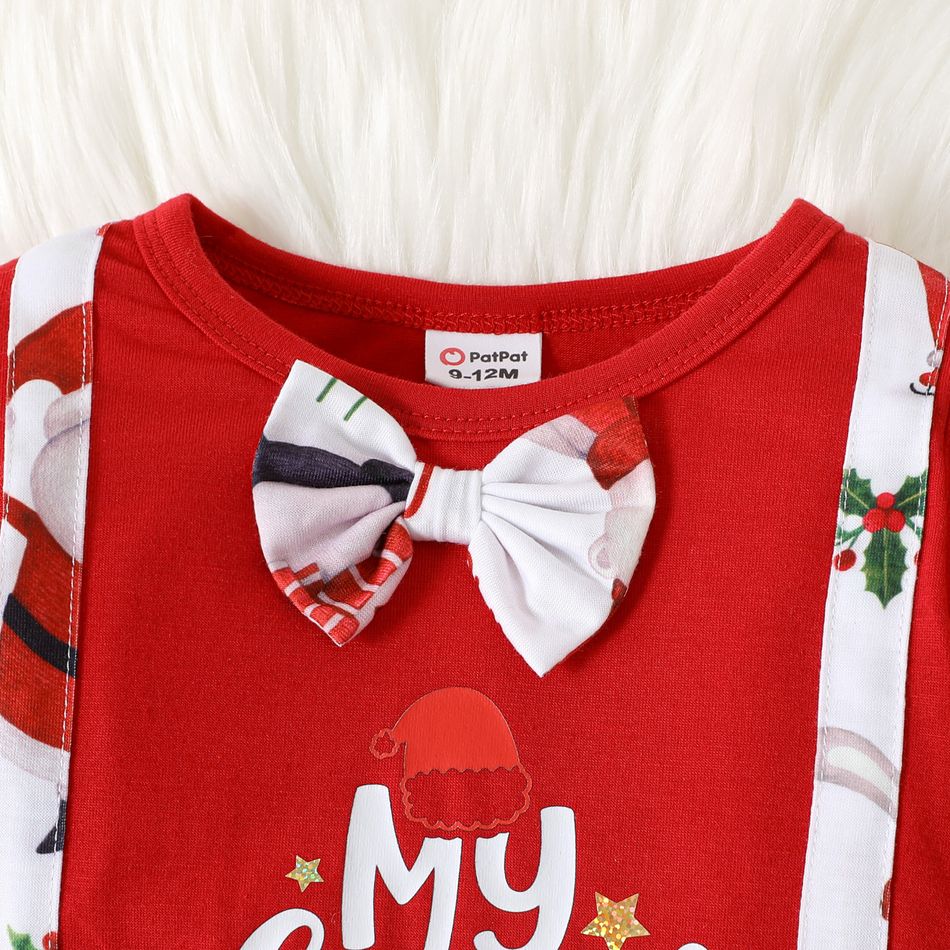 Christmas 2pcs Baby Boy Long-sleeve Letter Graphic Gentleman Romper and Allover Print Pants Set Red-2 big image 3