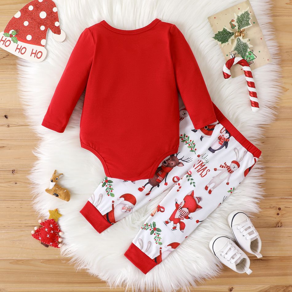 Christmas 2pcs Baby Boy Long-sleeve Letter Graphic Gentleman Romper and Allover Print Pants Set Red-2 big image 2