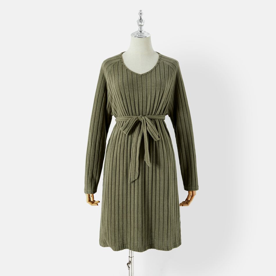 Mommy and Me Green Rib Knit Belted Long-sleeve Dress Green big image 2