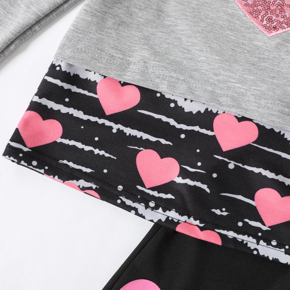 2pcs Kid Girl Faux-two Heart Print Sequined Long-sleeve Tee and Leggings Set Grey big image 4