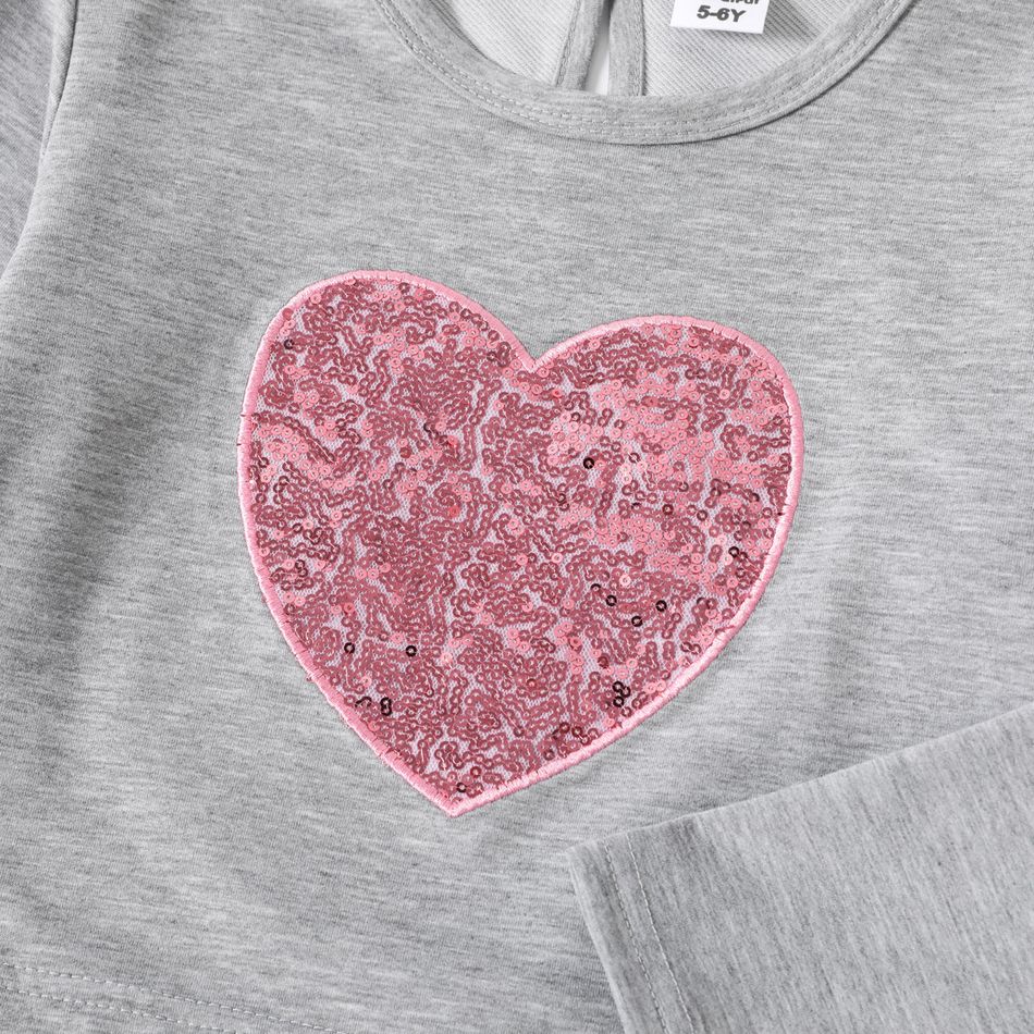 2pcs Kid Girl Faux-two Heart Print Sequined Long-sleeve Tee and Leggings Set Grey big image 3