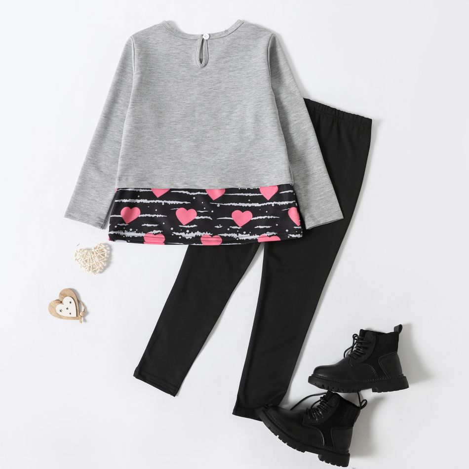 2pcs Kid Girl Faux-two Heart Print Sequined Long-sleeve Tee and Leggings Set Grey big image 2