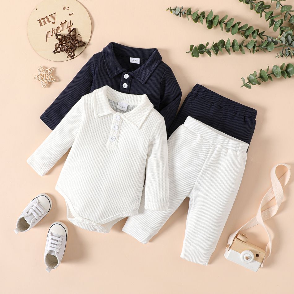 2pcs Baby Girl Solid Waffle Long-sleeve Romper and Pants Set White