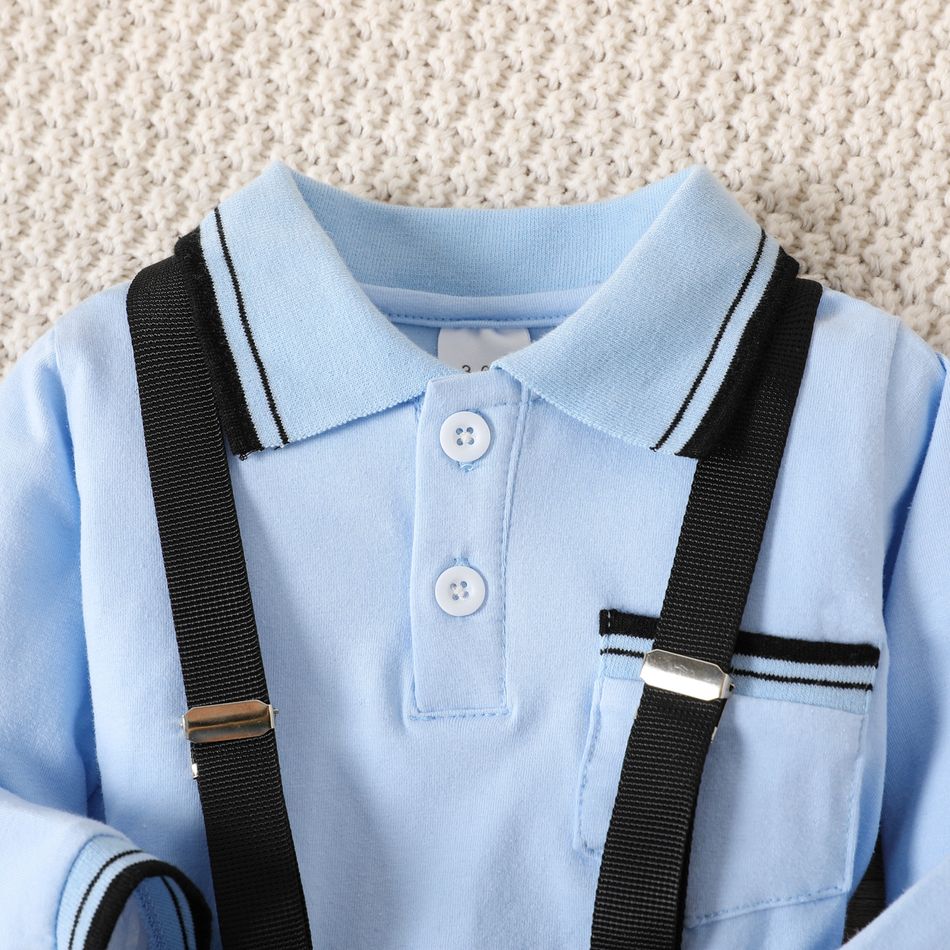 طقم من قطعتين طفل رضيع 95٪ قطن قميص بولو بأكمام طويلة وزرة منقوشة أزرق big image 2