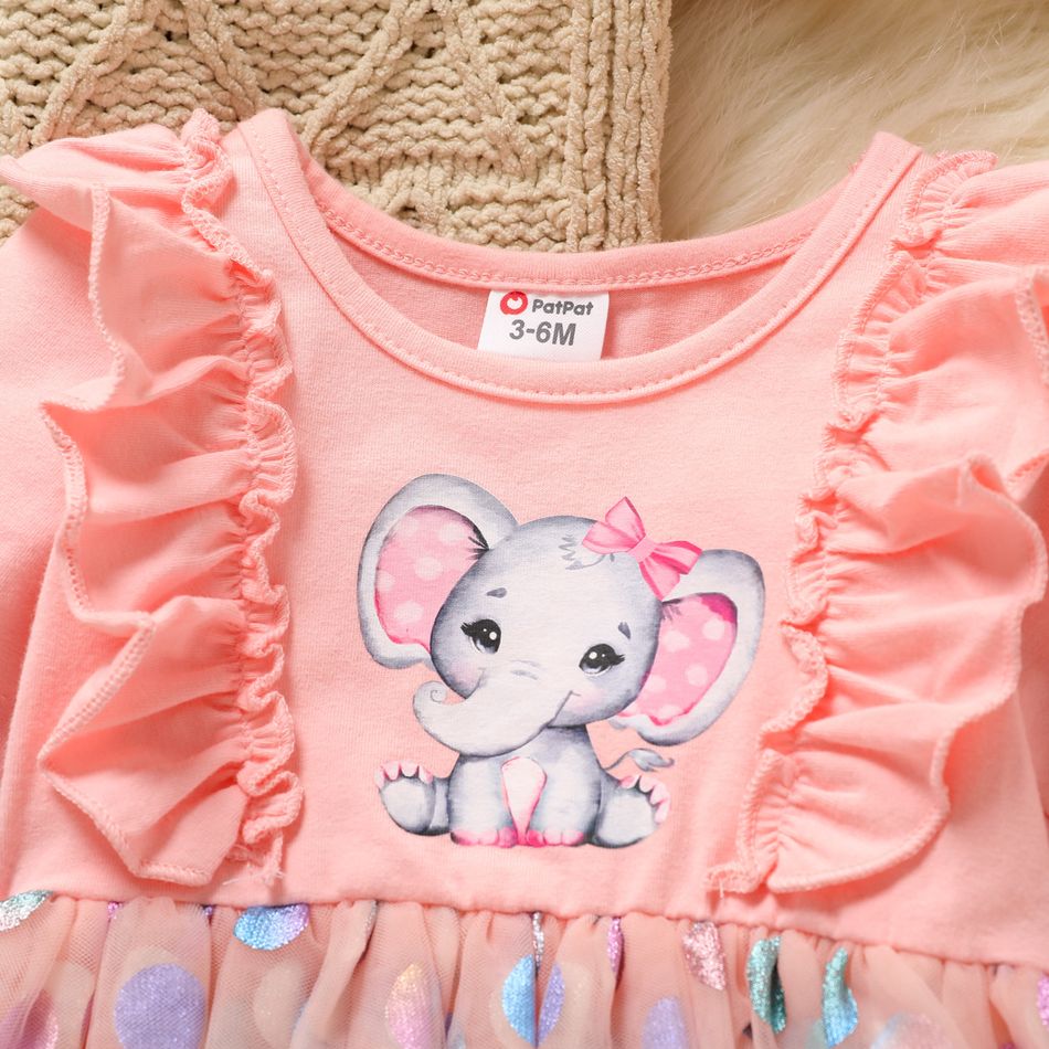 Baby Girl 95% Cotton Long-sleeve Elephant Print Ruffle Trim Spliced Glitter Polka Dots Mesh Dress Pink big image 4