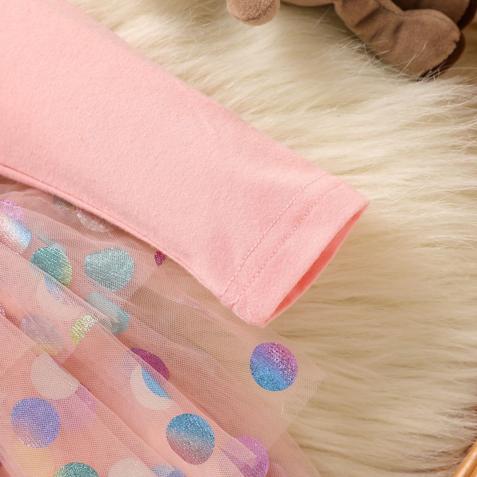 Baby Girl 95% Cotton Long-sleeve Elephant Print Ruffle Trim Spliced Glitter Polka Dots Mesh Dress Pink big image 5