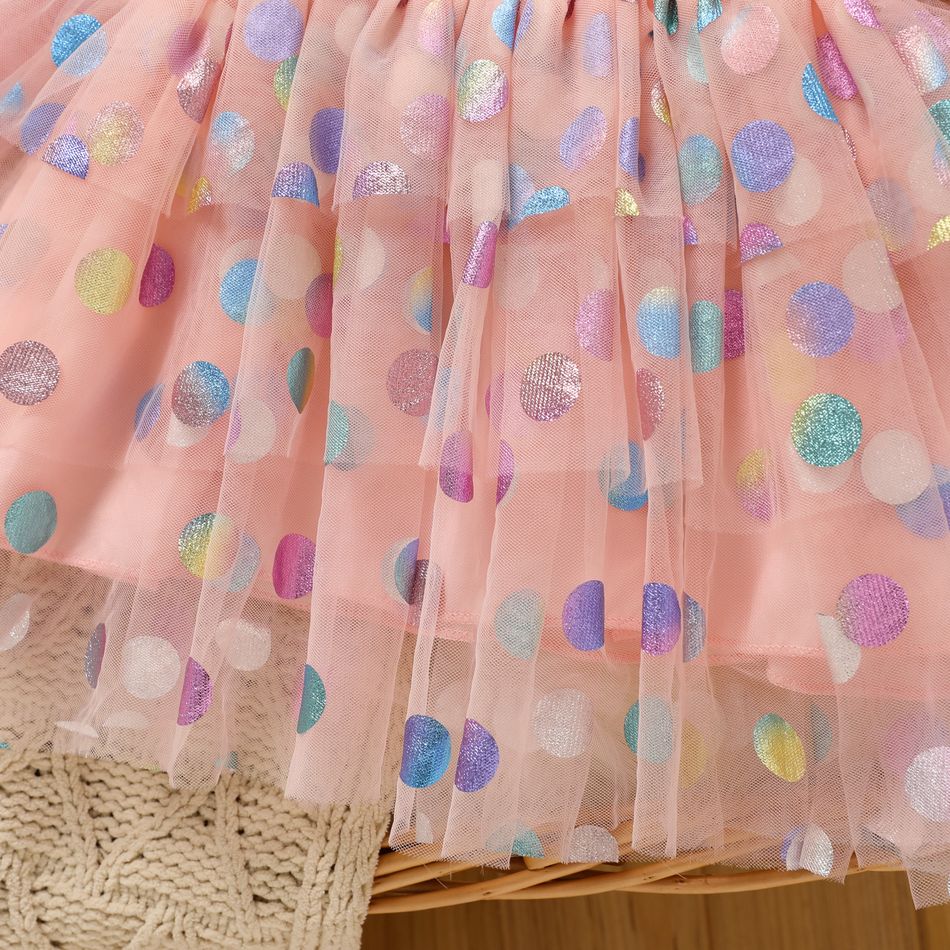 Baby Girl 95% Cotton Long-sleeve Elephant Print Ruffle Trim Spliced Glitter Polka Dots Mesh Dress Pink big image 3