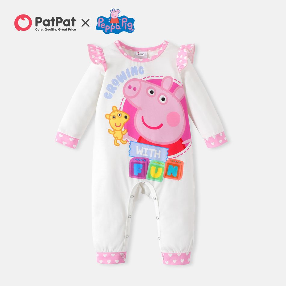 Peppa Pig Baby Girl Heart Print Ruffle Trim Spliced Long-sleeve Graphic Jumpsuit PinkyWhite