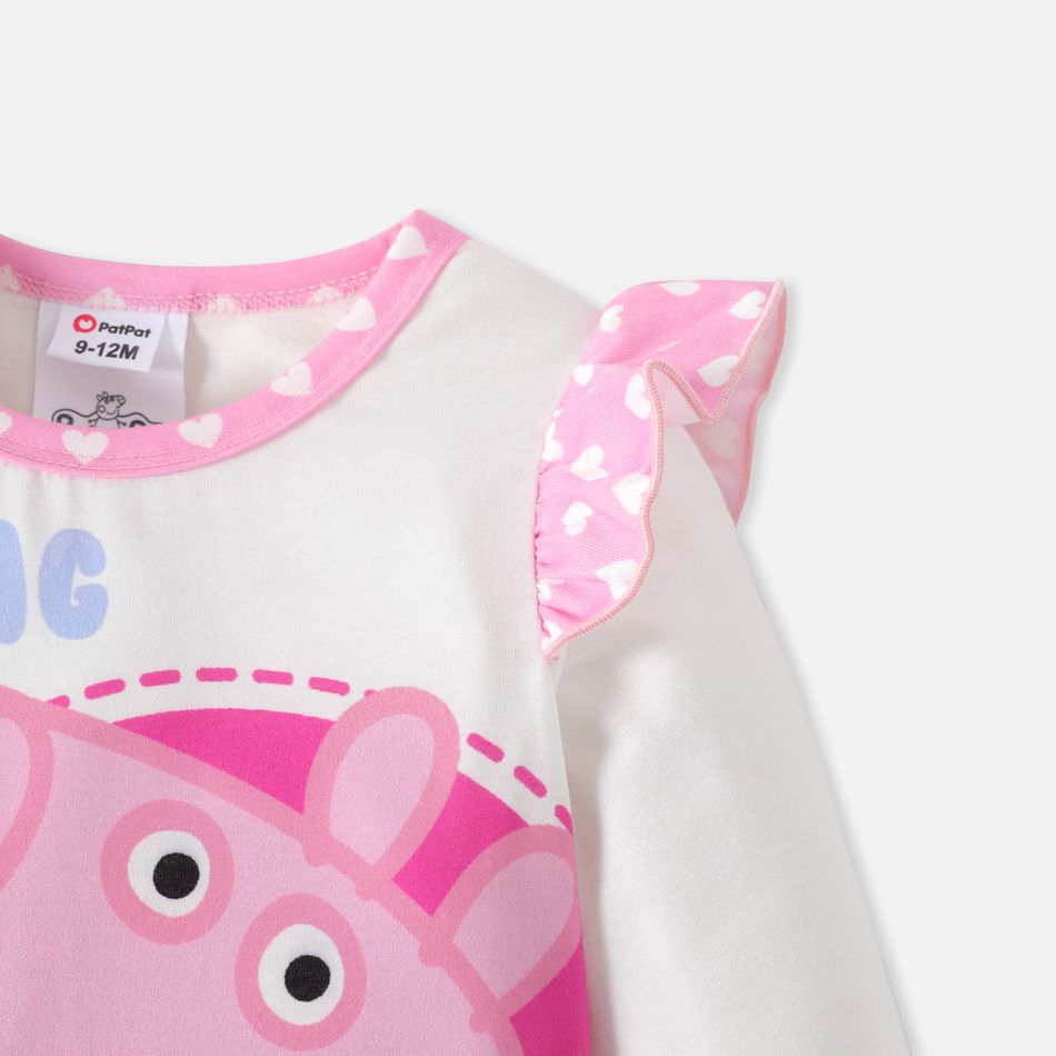 Peppa Pig Baby Girl Heart Print Ruffle Trim Spliced Long-sleeve Graphic Jumpsuit PinkyWhite big image 4