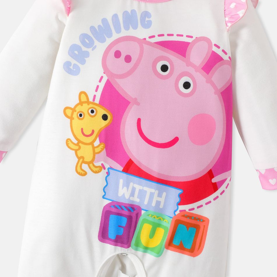 Peppa Pig Baby Girl Heart Print Ruffle Trim Spliced Long-sleeve Graphic Jumpsuit PinkyWhite big image 2