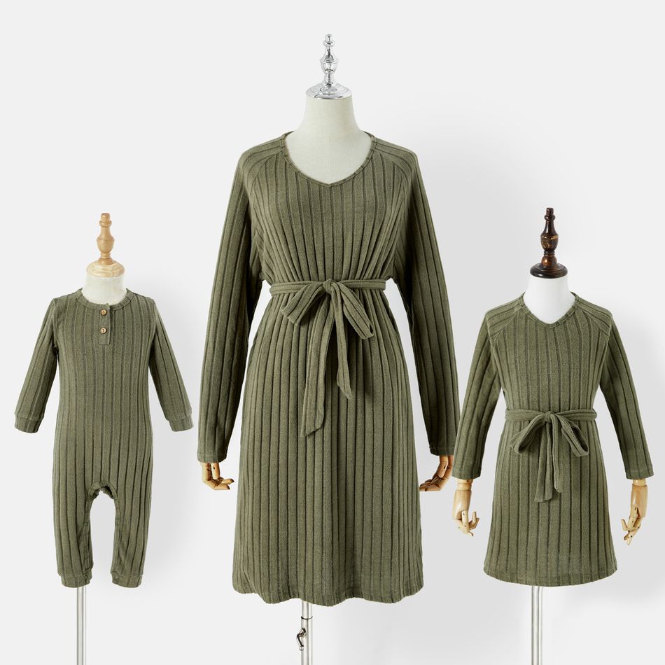 Mommy and Me Green Rib Knit Belted Long-sleeve Dress Green big image 1