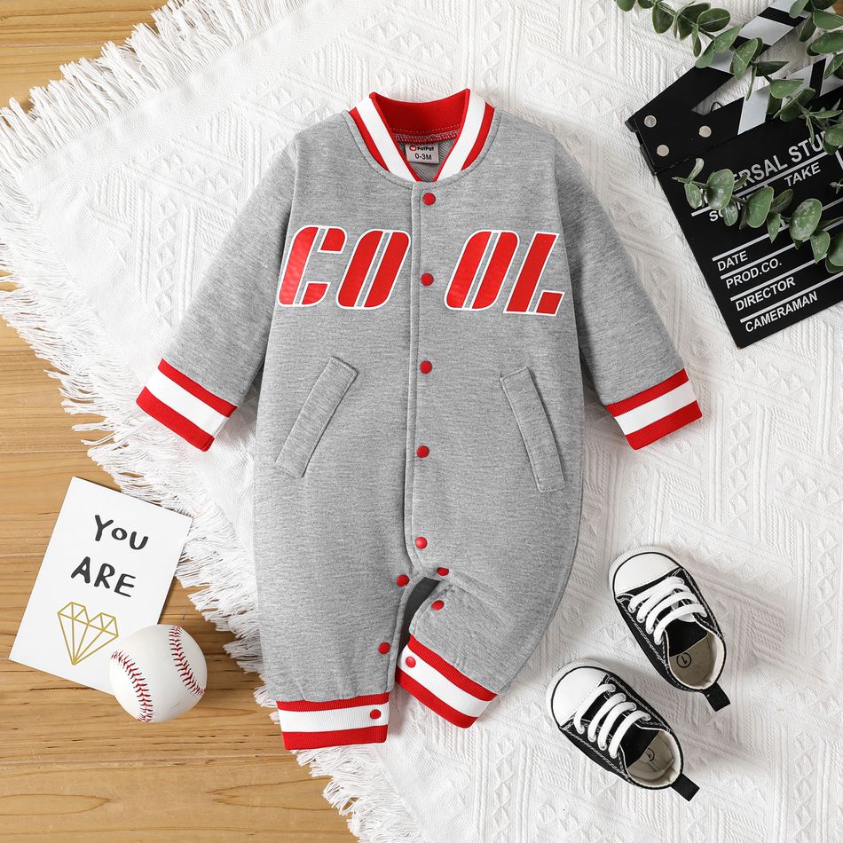 Baby Boy/Girl 95% Cotton Long-sleeve Letter Print Contrast Color Jumpsuit Grey