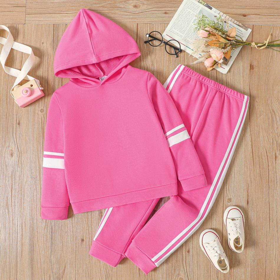 2pcs Kid Girl Striped Pink Hoodie Sweatshirt and Pants Set Pink