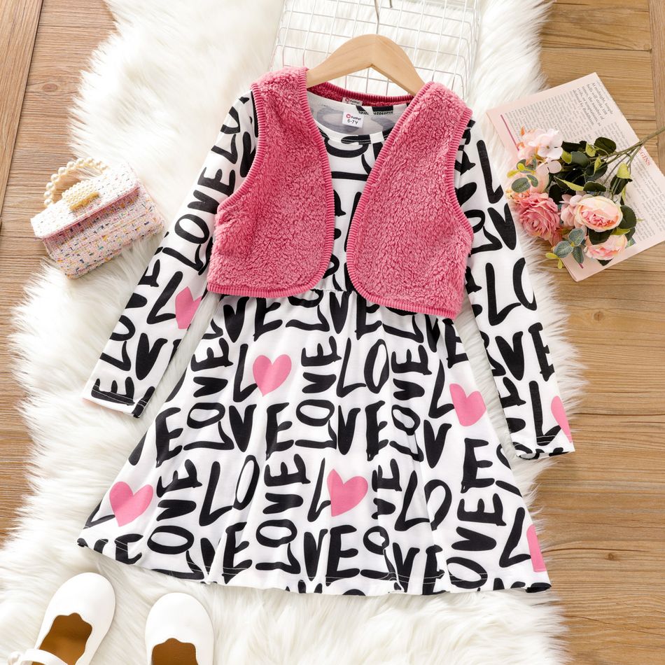 2pcs Kid Girl Letter Heart Allover Print Long-sleeve Dress and Fleece Vest Set Pink