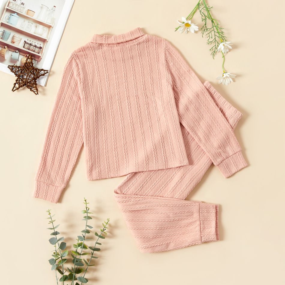 2pcs Kid Girl Solid Color Turtleneck Cable Knit Textured Sweatshirt and Pants Set Pink big image 3