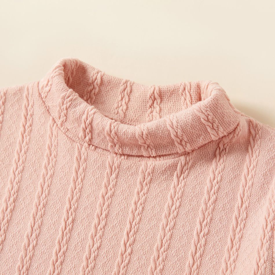 2pcs Kid Girl Solid Color Turtleneck Cable Knit Textured Sweatshirt and Pants Set Pink big image 4