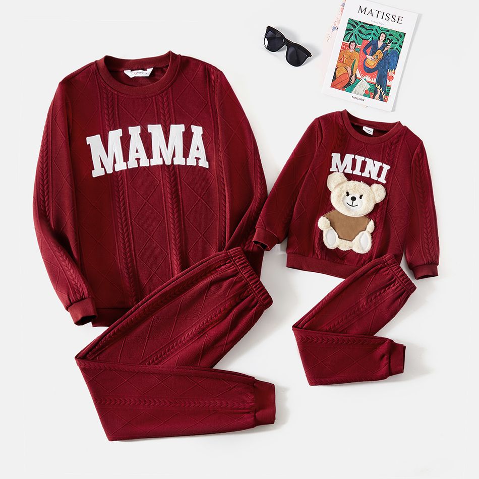 Mommy and Me Long-sleeve Letter Embroidered Cable Knit Textured Sweatshirts and Sweatpants Sets WineRed