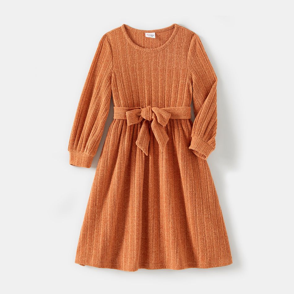 Family Matching Long-sleeve Solid Rib Knit Belted Midi Dresses and Button Up Plaid Shirts Sets Orange big image 6