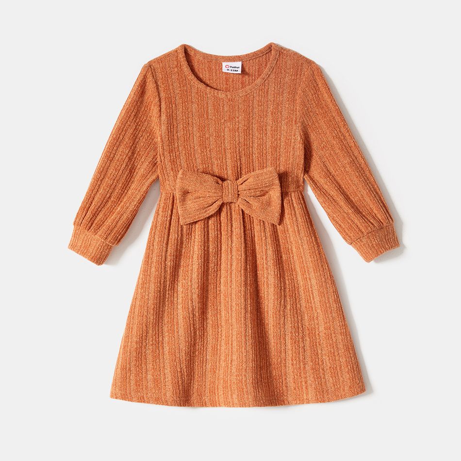 Family Matching Long-sleeve Solid Rib Knit Belted Midi Dresses and Button Up Plaid Shirts Sets Orange big image 9