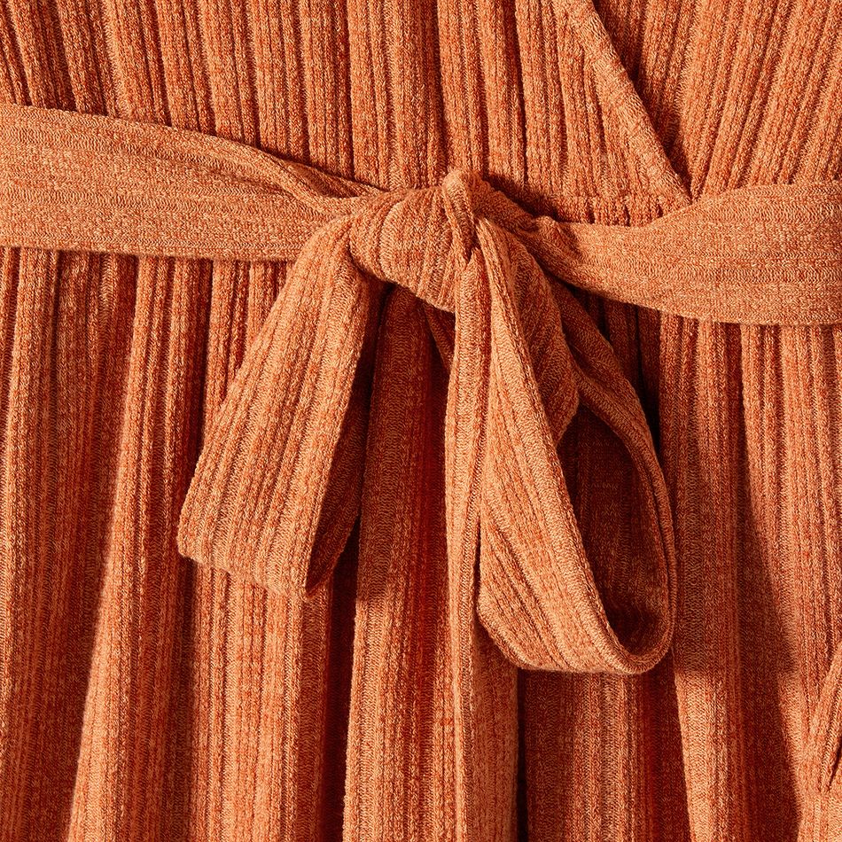 Family Matching Long-sleeve Solid Rib Knit Belted Midi Dresses and Button Up Plaid Shirts Sets Orange big image 5