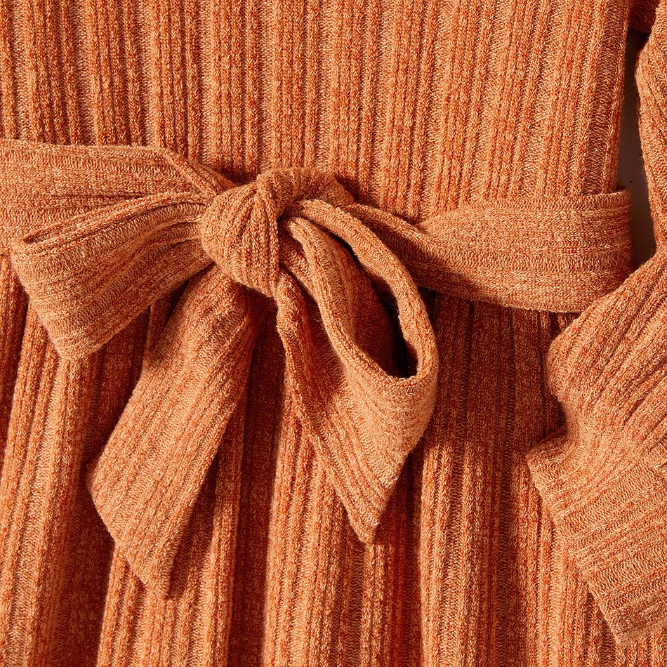 Family Matching Long-sleeve Solid Rib Knit Belted Midi Dresses and Button Up Plaid Shirts Sets Orange big image 8