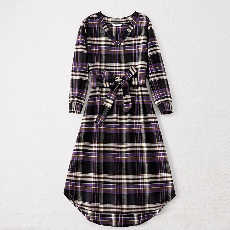 Family Matching Long-sleeve Plaid Belted Dresses and Button Up Shirts Sets Khaki big image 2