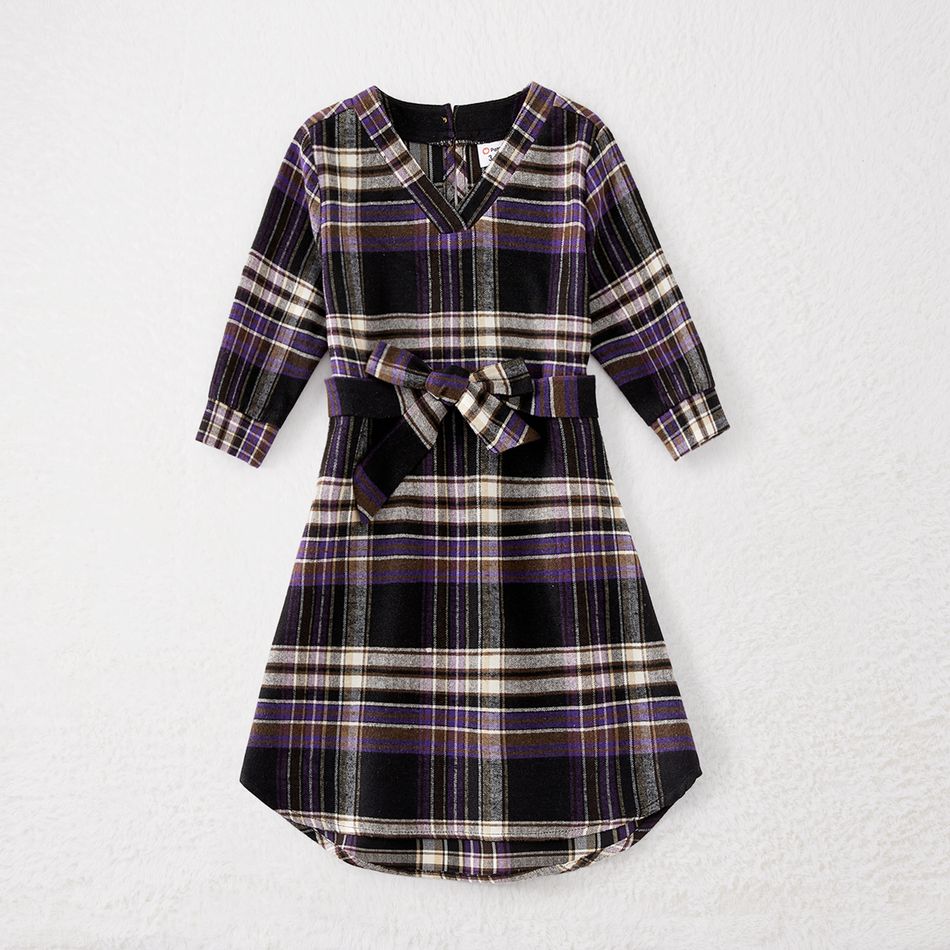 Family Matching Long-sleeve Plaid Belted Dresses and Button Up Shirts Sets Khaki big image 5