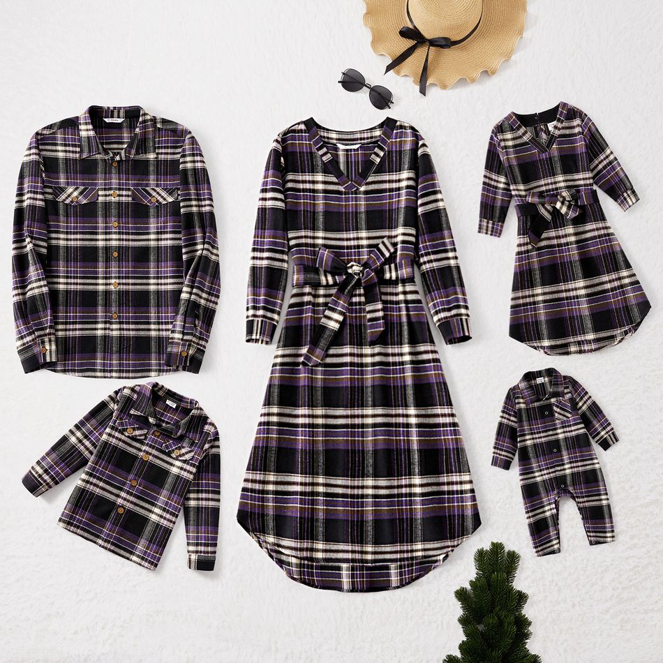 Family Matching Long-sleeve Plaid Belted Dresses and Button Up Shirts Sets Khaki big image 1