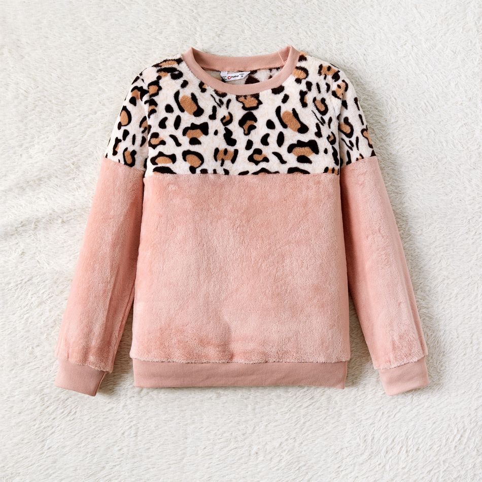 Leopard Spliced Pink Long-sleeve Fuzzy Pullover for Mom and Me Pink big image 2