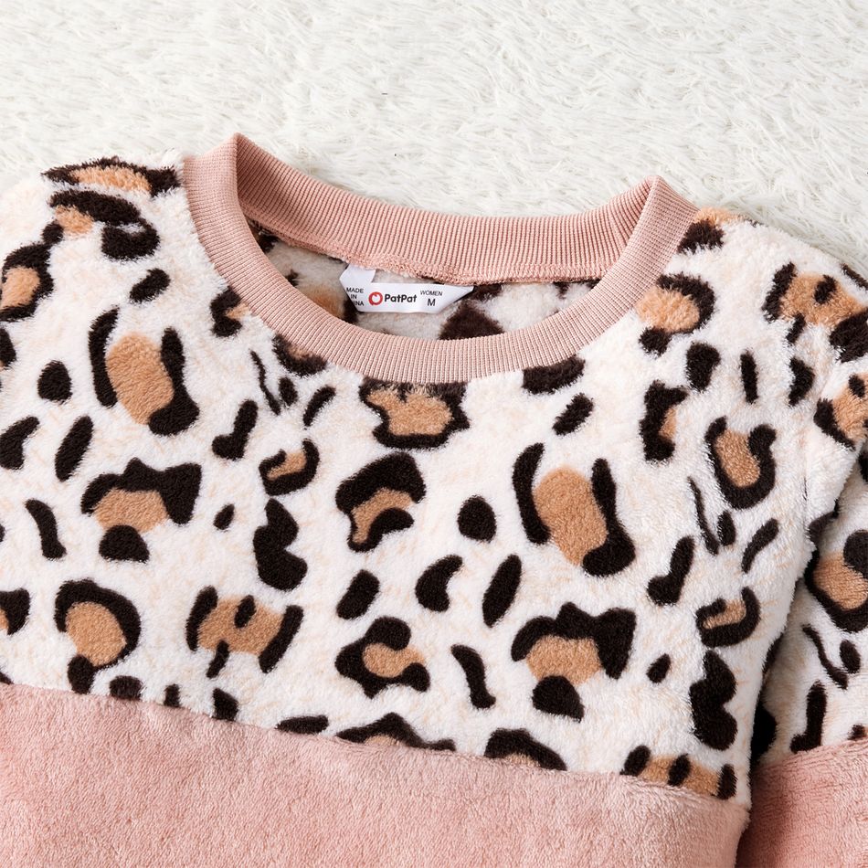 Leopard Spliced Pink Long-sleeve Fuzzy Pullover for Mom and Me Pink big image 3