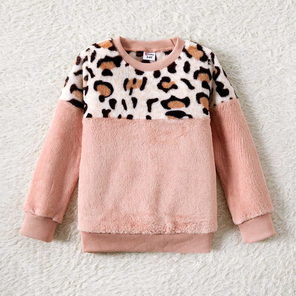 Leopard Spliced Pink Long-sleeve Fuzzy Pullover for Mom and Me Pink big image 5