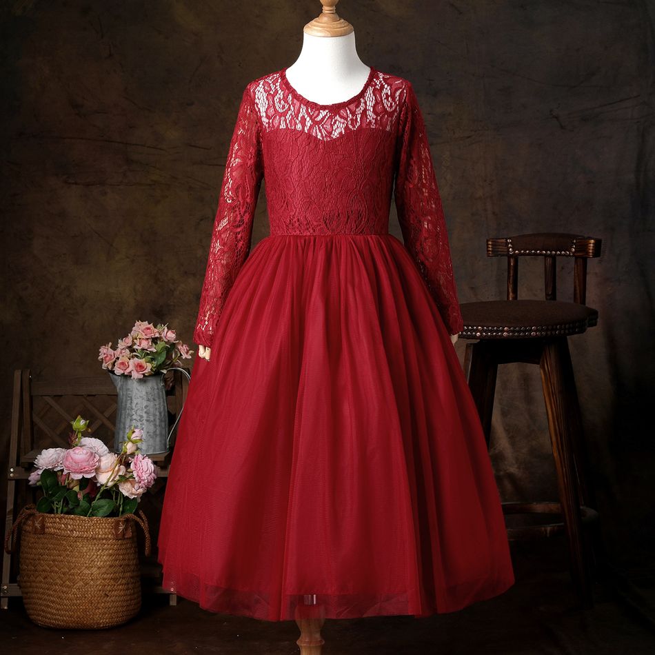 Kid Girl Elegant Lace Design Belted Long-sleeve Princess Mesh Dress Red