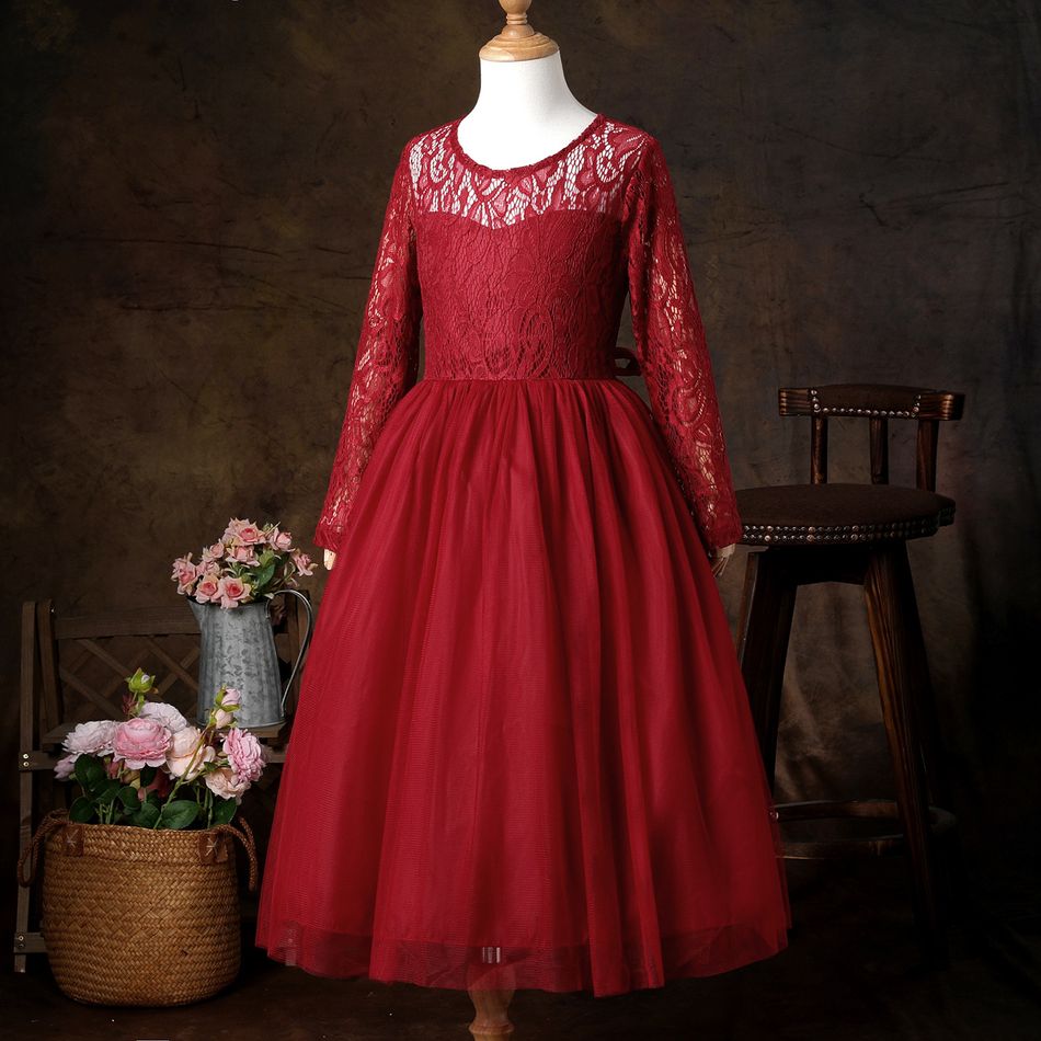 Kid Girl Elegant Lace Design Belted Long-sleeve Princess Mesh Dress Red big image 2