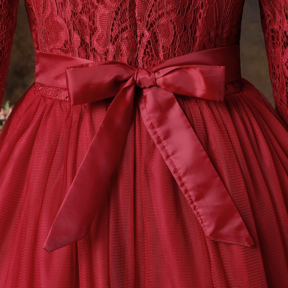 Kid Girl Elegant Lace Design Belted Long-sleeve Princess Mesh Dress Red