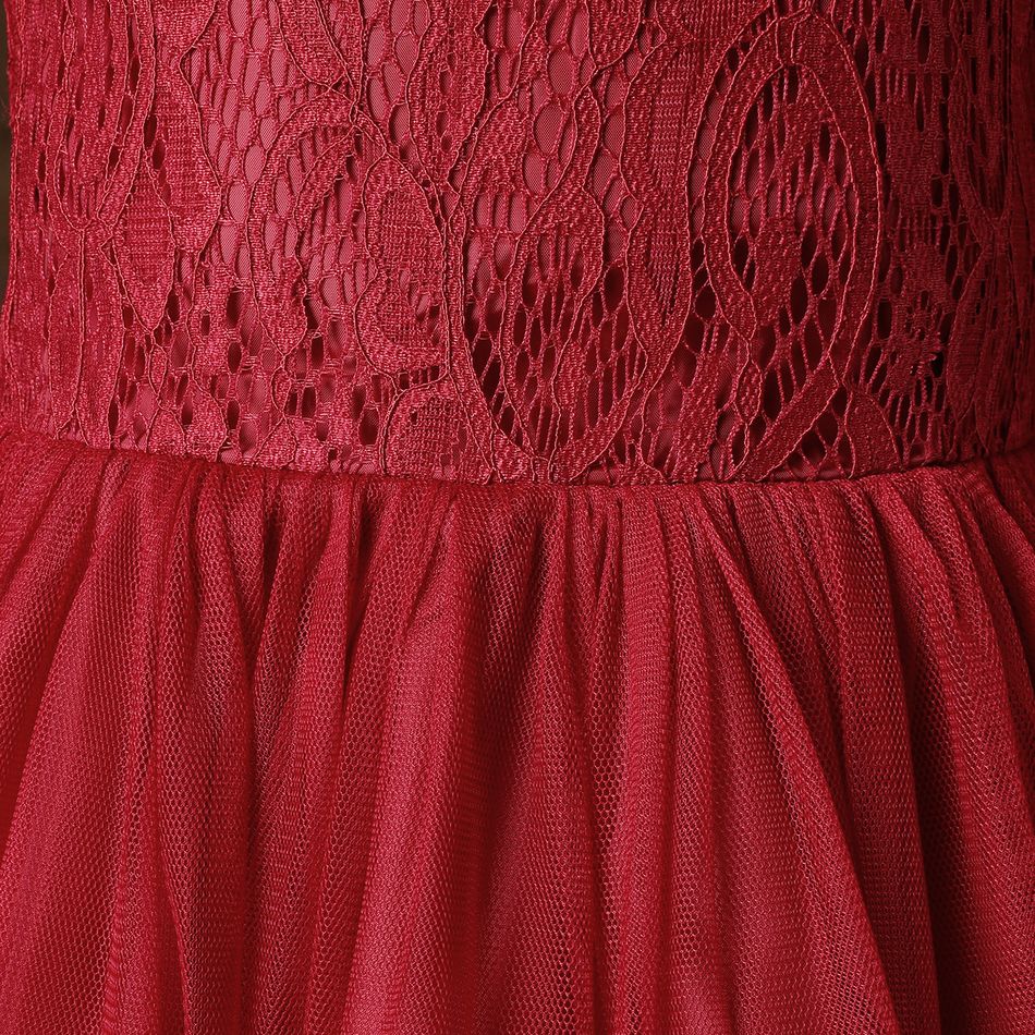 Kid Girl Elegant Lace Design Belted Long-sleeve Princess Mesh Dress Red big image 5