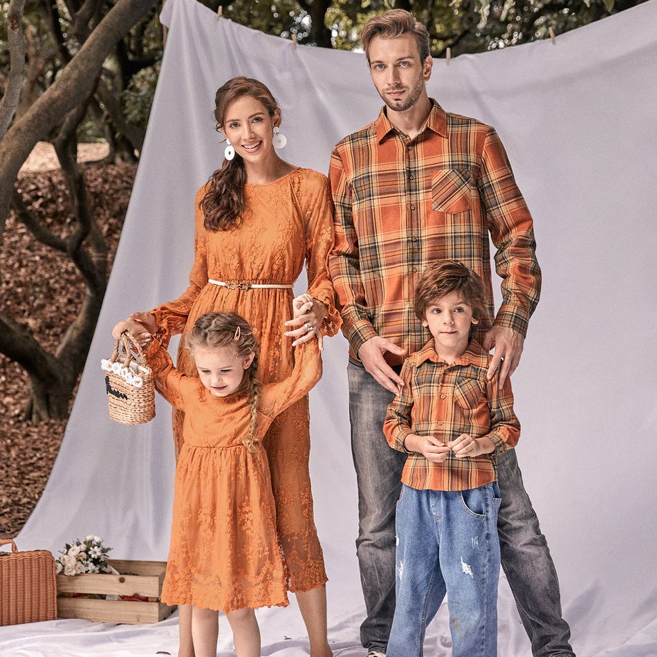 Family Matching Solid Long-sleeve Lace Dresses and Plaid Shirts Sets ColorBlock big image 2