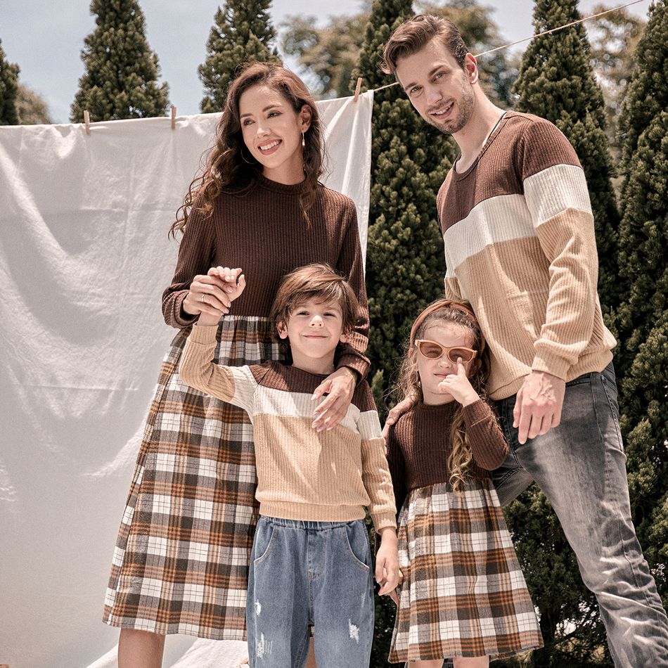 Family Matching Long-sleeve Mock Neck Rib Knit Spliced Plaid Dresses and Colorblock Tops Sets ColorBlock big image 2