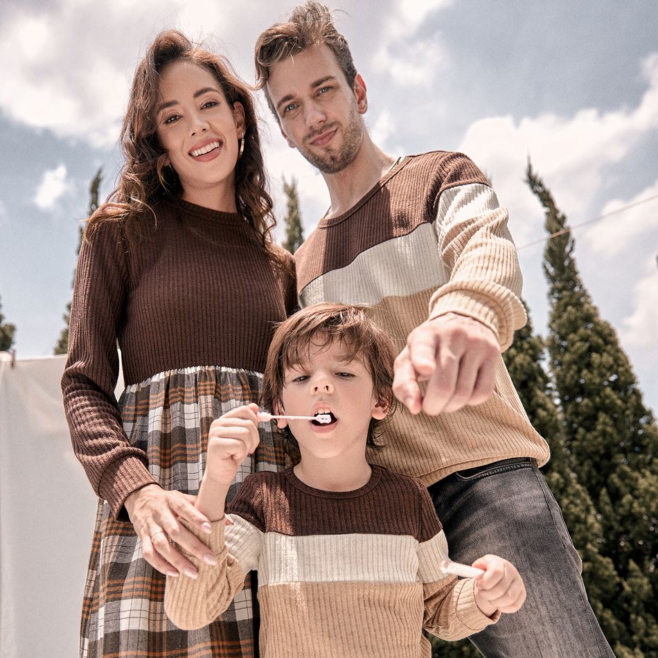 Family Matching Long-sleeve Mock Neck Rib Knit Spliced Plaid Dresses and Colorblock Tops Sets ColorBlock big image 3