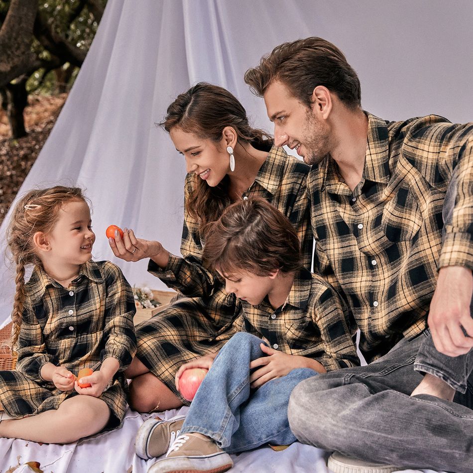 Family Matching Long-sleeve Button Front Plaid Shirts and Dresses Sets Apricot Yellow big image 2