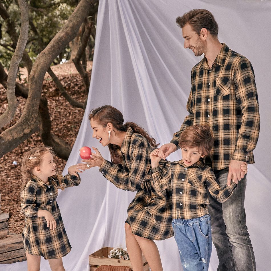 Family Matching Long-sleeve Button Front Plaid Shirts and Dresses Sets Apricot Yellow