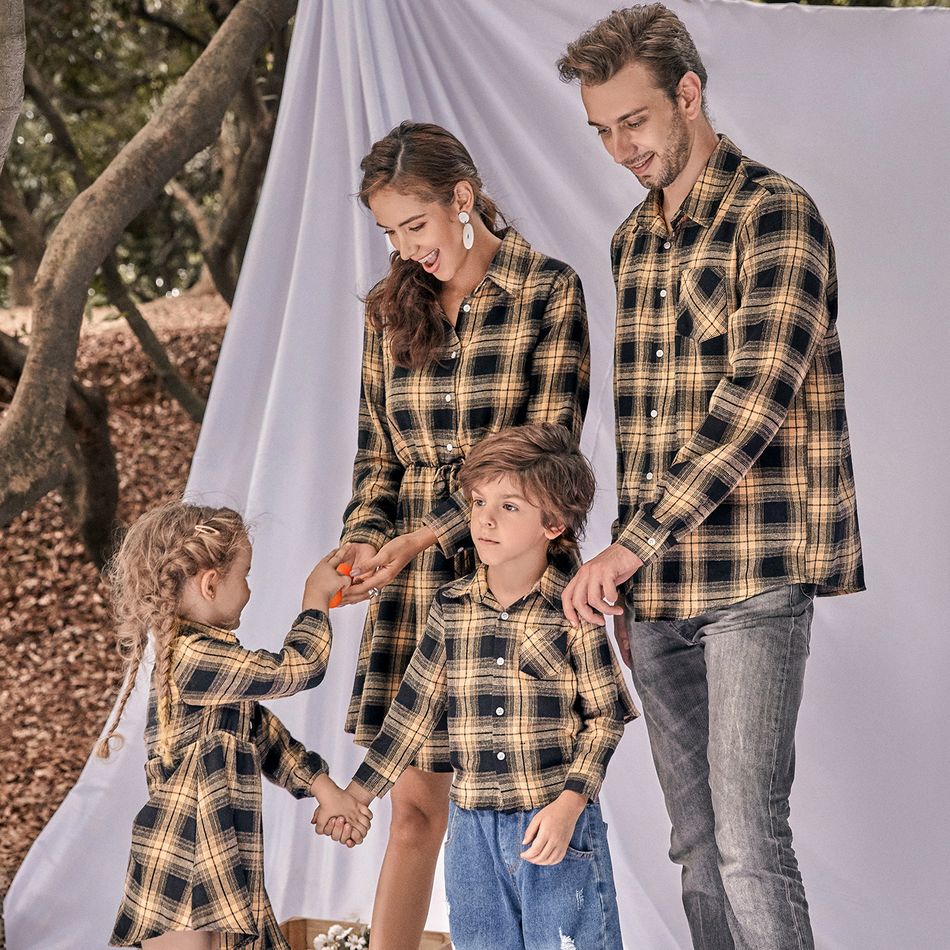 Family Matching Long-sleeve Button Front Plaid Shirts and Dresses Sets Apricot Yellow big image 3