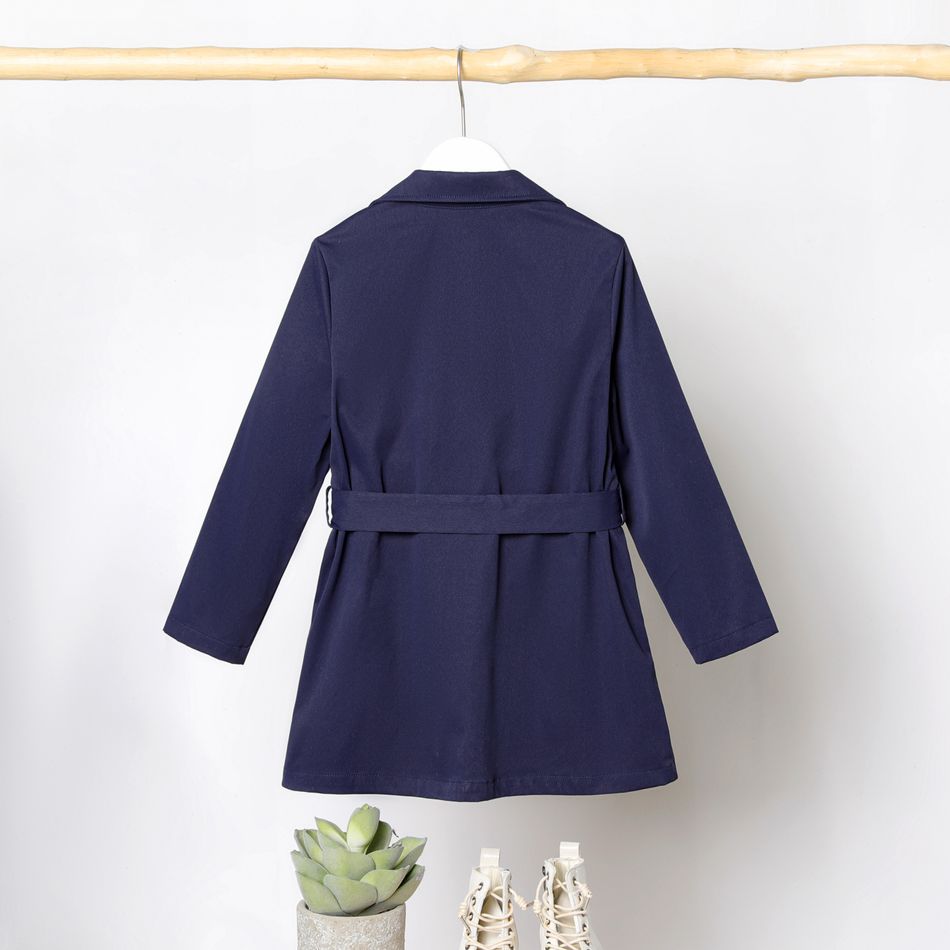 Kid Boy/Kid Girl Solid Color Lapel Collar Double Breasted Belted Trench Coat Deep Blue big image 3